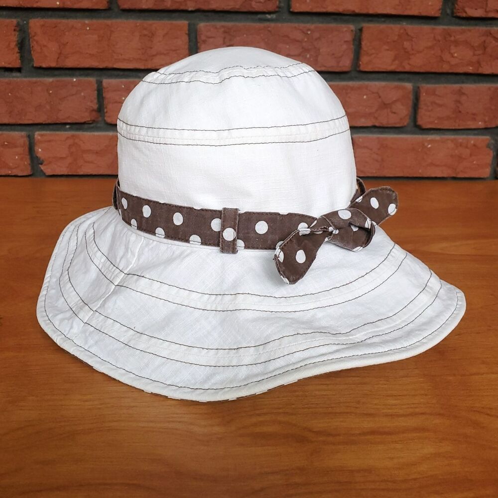 Peter Grimm Bucket Sun Hat Small 21" White Brown Fabric Wide Brim Polka Dot Bow